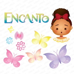 May include: A colorful illustration of the word "ENCANTO" with a cartoon character from the Disney movie Encanto. The character is a young girl with brown skin, brown hair, and a red bow. There are also several butterflies and flowers in the image.