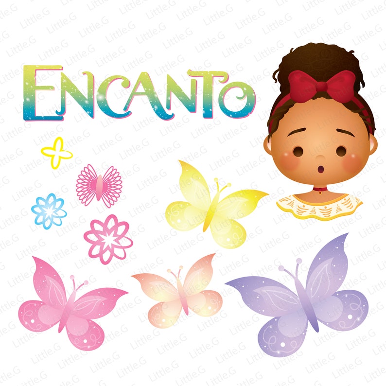 May include: A colorful illustration of the word "ENCANTO" with a cartoon character from the Disney movie Encanto. The character is a young girl with brown skin, brown hair, and a red bow. There are also several butterflies and flowers in the image.
