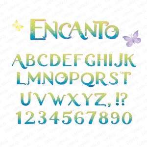 May include: A colorful alphabet and number set with a gradient of blue, green, and yellow. The letters and numbers have a sparkly, glittery effect. The word "ENCANTO" is at the top of the image in a similar style.