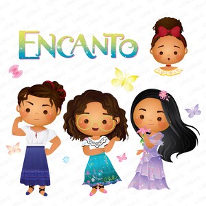 May include: Illustration of three girls from the animated movie Encanto. The girls are wearing colorful dresses and have brown hair. The word Encanto is written in rainbow colors at the top of the image.