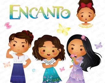 May include: Illustration of three girls from the animated movie Encanto. The girls are wearing colorful dresses and have brown hair. The word Encanto is written in rainbow colors at the top of the image.