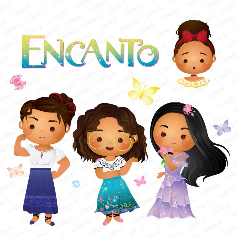 May include: Illustration of three girls from the animated movie Encanto. The girls are wearing colorful dresses and have brown hair. The word Encanto is written in rainbow colors at the top of the image.