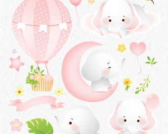 May include: A set of pink and white illustrations featuring a hot air balloon, a crescent moon, and four cute elephants. The elephants are in various poses, including sitting on the moon, holding a heart-shaped balloon, and lying on a cloud. The illustrations are perfect for a baby shower or nursery decor.