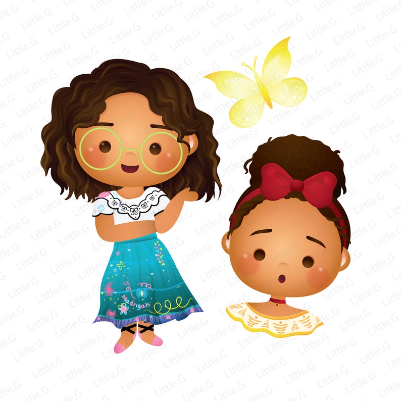 May include: Two cartoon girls with brown hair wearing colorful dresses. One girl is wearing glasses and has a butterfly above her head. The other girl has a red bow in her hair. The text "Madrigals" is on the bottom of the dress of the girl wearing glasses.