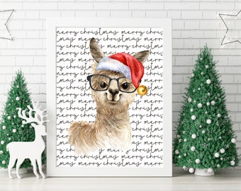 Merry Christmas Llama Art Print | Christmas Wall Decor | Simply Cheerful Christmas | Santa Llama | Physical Art Print