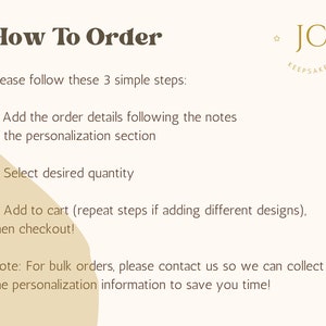 Pu&ograve; includere: Una grafica beige e marrone con il testo "How To Order" e un elenco di tre passaggi per ordinare. Il testo "*JC* KEEPSAKES" si trova nell'angolo in alto a destra della grafica.