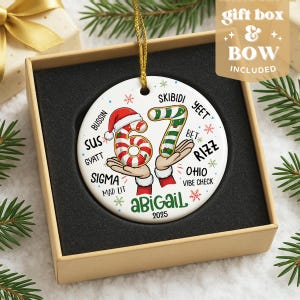 May include: A white ceramic Christmas ornament with a gold string, presented in a gift box. The ornament features a candy cane design with the number "67" and the name "Abigail" with the year "2025". Various slang terms surround the design.