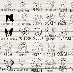 Pu&ograve; includere: Disegni in bianco e nero di varie razze di cani, tra cui Australian Shepherd, Beagle, Boxer, Bulldog, Cavalier King Charles Spaniel, Cocker Spaniel, Corgi, Bassotto, D&aacute;lmata, Dobermann, Barboncino, Bulldog Francese e altro ancora.