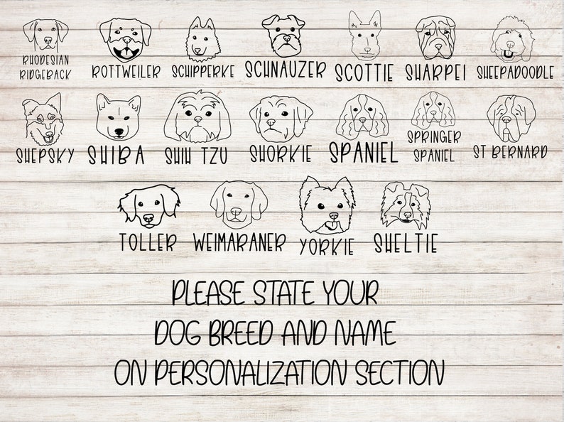 Pu&ograve; includere: Un grafico con illustrazioni in bianco e nero di diverse razze di cani. Le razze elencate sono Rhodesian Ridgeback, Rottweiler, Schipperke, Schnauzer, Scottie, Sharpei, Sheepadoodle, Suepsky, Shiba, Shin Tzu, Shorkie, Spaniel, Springer Spaniel, San Bernardo, Toller, Weimaraner, Yorkie e Sheltie. Il testo "Si prega di indicare la razza del cane e il nome nella sezione di personalizzazione" &egrave; in fondo al grafico.