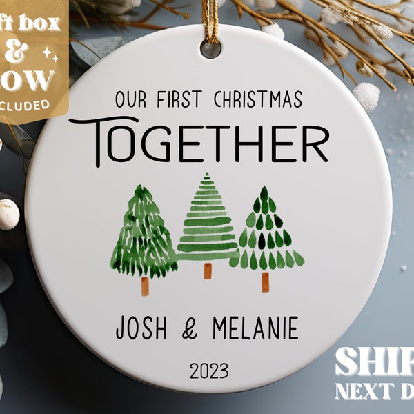 Couple Christmas Ornament 2023 - Our First Christmas Together Three Green Trees Watercolor -  New Couple Personalized Ornament #291