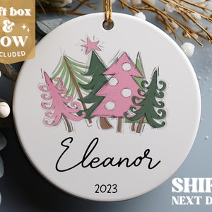 Girls Personalized Christmas Ornament - Baby's First Christmas Ornament 2023 Pink & Green Trees - Baby Girl Custom Ornament #293