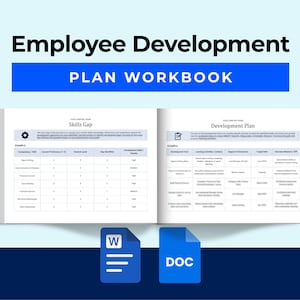 Op de afbeelding: Een werkboek voor werknemersontwikkeling met twee open pagina's met tabellen getiteld Skills Gap en Development Plan. Onder het werkboek staan twee blauwe documentpictogrammen, één met een witte W en lijnen, en één met de witte tekst DOC.