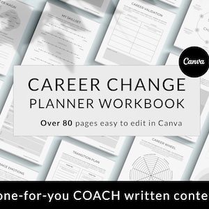 Könnte beinhalten: Ein schwarz-weißes druckbares Arbeitsbuch mit dem Titel "Career Change Planner Workbook" und dem Text "Over 80 pages easy to edit in Canva". Das Arbeitsbuch soll Menschen bei der Planung ihrer Karrierewechsel helfen.