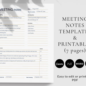 Meeting agenda template, meeting template, printable meeting notes template, meeting minutes template, Canva, Word, Google Docs, Editable