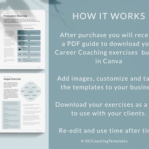 K&ouml;nnte beinhalten: Ein digitaler Download von druckbaren Karriere-Coaching-&Uuml;bungen. Das Bild zeigt eine Beispielseite mit dem Text "Pomodoro Exercise" und "Ikagai Exercise". Der Text "How It Works" wird in einer gr&ouml;&szlig;eren Schriftart angezeigt. Der Text beschreibt, wie die &Uuml;bungen verwendet werden, und enth&auml;lt den Text "Laden Sie Ihre &Uuml;bungen als PDF herunter, um sie mit Ihren Kunden zu verwenden."