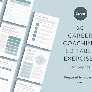 Könnte beinhalten: Ein Satz von 20 druckbaren Karriere-Coaching-Übungen, die dazu dienen, Einzelpersonen bei der Erkundung ihrer Karrieremöglichkeiten und der Entwicklung ihrer Fähigkeiten zu unterstützen. Die Übungen sind editierbar und decken eine Vielzahl von Themen ab, darunter Karriereexploration, SWOT-Analyse und Stellenbewertung. Das Dokument umfasst 67 Seiten und wurde von einem Karrierecoach erstellt.
