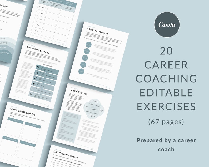 K&ouml;nnte beinhalten: Ein Satz von 20 druckbaren Karriere-Coaching-&Uuml;bungen, die dazu dienen, Einzelpersonen bei der Erkundung ihrer Karrierem&ouml;glichkeiten und der Entwicklung ihrer F&auml;higkeiten zu unterst&uuml;tzen. Die &Uuml;bungen sind editierbar und decken eine Vielzahl von Themen ab, darunter Karriereexploration, SWOT-Analyse und Stellenbewertung. Das Dokument umfasst 67 Seiten und wurde von einem Karrierecoach erstellt.