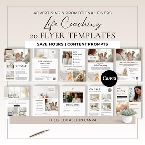 Op de afbeelding: Een verzameling van 20 flyer templates voor life coaching diensten. De flyers hebben een strak, modern design met afbeeldingen van mensen, tekst en het Canva logo. De tekst bevat zinnen als "In de aanbieding" en "Speciale aanbieding".