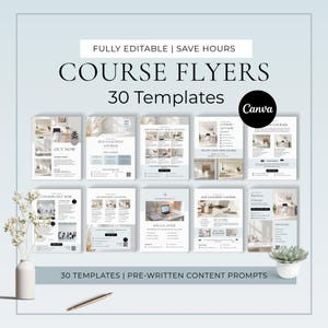 Könnte beinhalten: Eine Sammlung von Kursflyer-Vorlagen mit dem Text "COURSE FLYERS 30 Templates" und "FULLY EDITABLE | SAVE HOURS". Die Flyer haben ein minimalistisches Design mit Bildern und Text. Ein Canva-Logo ist sichtbar.