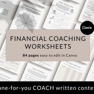 Könnte beinhalten: Ein Satz von 84 druckbaren Finanz-Coaching-Arbeitsblättern, die für die Bearbeitung in Canva konzipiert sind. Die Arbeitsblätter sind im minimalistischen Stil mit hellgrauem Hintergrund und schwarzem Text gehalten. Der Text auf dem Bild lautet "Finanz-Coaching-Arbeitsblätter 84 Seiten einfach in Canva zu bearbeiten".