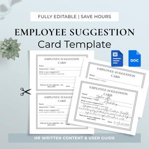 May include: An employee suggestion card template with the text "EMPLOYEE SUGGESTION CARD" and fields for name, department, and suggestion details. The image includes a succulent, scissors, and a pen. The text "FULLY EDITABLE | SAVE HOURS" is also visible.