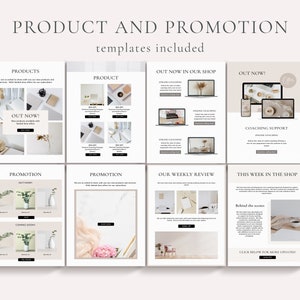 Może przedstawiać: Szablon marketingu cyfrowego z tekstem "PRODUCT AND PROMOTION templates included." Szablon zawiera układy dla produkt&oacute;w, promocji i cotygodniowych recenzji, ze słowami "OUT NOW!" i "COACHING SUPPORT."