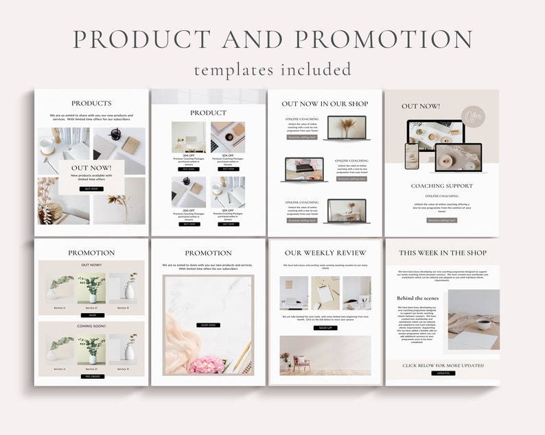 Może przedstawiać: Szablon marketingu cyfrowego z tekstem "PRODUCT AND PROMOTION templates included." Szablon zawiera układy dla produkt&oacute;w, promocji i cotygodniowych recenzji, ze słowami "OUT NOW!" i "COACHING SUPPORT."