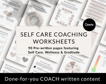 Plantillas de Canva para coaching de autocuidado, cuaderno de bienestar y gratitud, herramientas para coaching de vida