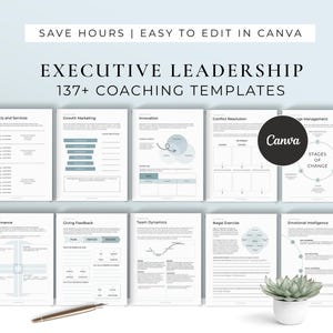May include: A collection of coaching templates for executive leadership, with the text "SAVE HOURS | EASY TO EDIT IN CANVA" at the top. The templates cover topics like products, marketing, and conflict resolution. A pen and a small potted succulent are also visible.