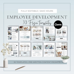 May include: A promotional image for employee development, featuring 30 flyer templates. The design includes the text "Employee Development" and "30 Flyer Templates". The templates cover topics like leadership, customer service, and business courses. The Canva logo is also visible.