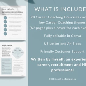 K&ouml;nnte beinhalten: Eine blaue und wei&szlig;e Grafik mit dem Text "WHAT IS INCLUDED" in gro&szlig;en wei&szlig;en Buchstaben. Der Text darunter listet den Inhalt eines Karriere-Coaching-Arbeitsbuchs auf, darunter 20 &Uuml;bungen, 67 Seiten und ein Deckblatt f&uuml;r jede &Uuml;bung. Das Arbeitsbuch ist vollst&auml;ndig in Canva bearbeitbar und in den Formaten US Letter und A4 verf&uuml;gbar. Die Grafik enth&auml;lt auch Informationen &uuml;ber freundlichen Kundensupport und die Erfahrung des Autors als Karriere-, Rekrutierungs- und HR-Experte. Die Grafik ist mit dem Text "&copy; DCCoachingTemplates" signiert.
