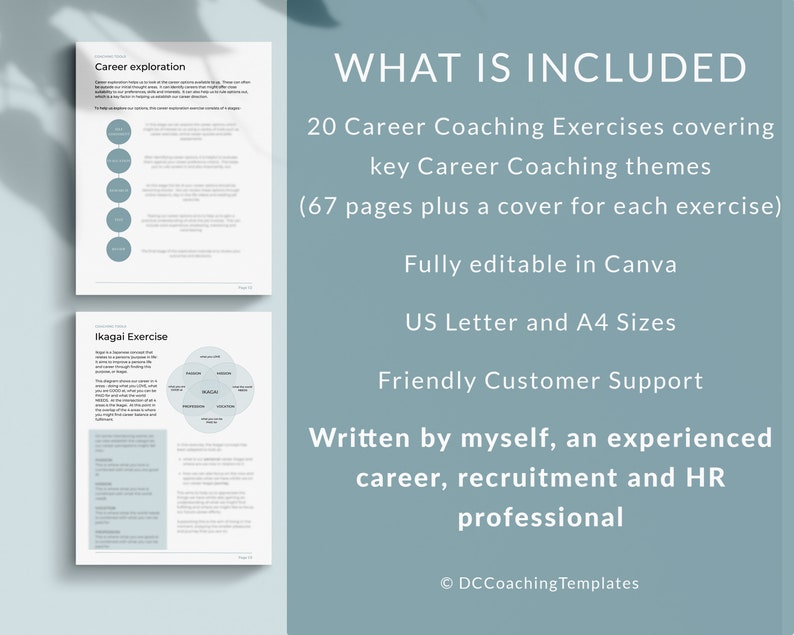 K&ouml;nnte beinhalten: Eine blaue und wei&szlig;e Grafik mit dem Text "WHAT IS INCLUDED" in gro&szlig;en wei&szlig;en Buchstaben. Der Text darunter listet den Inhalt eines Karriere-Coaching-Arbeitsbuchs auf, darunter 20 &Uuml;bungen, 67 Seiten und ein Deckblatt f&uuml;r jede &Uuml;bung. Das Arbeitsbuch ist vollst&auml;ndig in Canva bearbeitbar und in den Formaten US Letter und A4 verf&uuml;gbar. Die Grafik enth&auml;lt auch Informationen &uuml;ber freundlichen Kundensupport und die Erfahrung des Autors als Karriere-, Rekrutierungs- und HR-Experte. Die Grafik ist mit dem Text "&copy; DCCoachingTemplates" signiert.