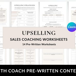 Peut inclure: Un ensemble de 14 feuilles de travail imprimables pour le coaching des ventes, axées sur les techniques de vente incitative. Les feuilles de travail sont conçues pour aider les entreprises à augmenter leurs revenus en encourageant les clients à acheter des produits ou services supplémentaires. Le titre "Upselling Sales Coaching Worksheets" est affiché en gros caractères en haut de l'image.