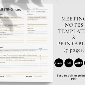 Meeting Minutes Template, Meeting Notes template Canva, Minutes of Meeting template, Meeting Record, Meeting Agenda Template, Minute meeting