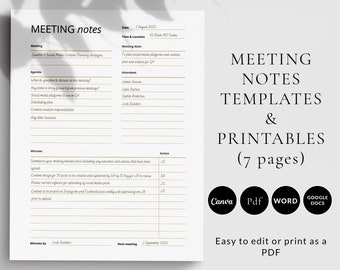 May include: A printable meeting notes template with a gold border. The template includes sections for the date, time, location, meeting, agenda, attendees, minutes, and action items. The text "Meeting Notes Templates & Printables (7 pages)" is at the top of the page.