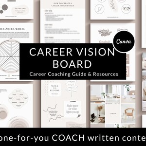 Op de afbeelding: Een digitale, printbare carrière-visiebordset met een beige en witte kleurstelling. De set bevat een carrièrewiel, een wegwijzer 'Werken om te worden' en een handleiding voor het maken van een carrière-visiebord. De tekst 'Carrière-visiebord' staat in een groot, vet lettertype.