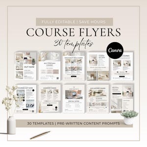 Op de afbeelding: Een verzameling cursusflyer-sjablonen met de tekst "COURSE FLYERS" en "30 templates". De flyers tonen verschillende ontwerpen met tekst zoals "OUT NOW", "SELF-COACHING COURSES" en "SPECIAL OFFER". Een pen, een vaas met bloemen en een kleine vetplant zijn ook zichtbaar.