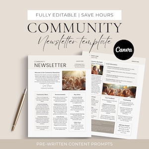 Op de afbeelding: Een community nieuwsbrief sjabloon met de woorden "COMMUNITY NEWSLETTER" in grote letters. De sjabloon bevat secties voor aankondigingen, belangrijke data en lokale informatie. Een gouden pen ligt op de pagina. Het Canva logo is zichtbaar.