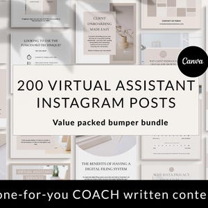 Op de afbeelding: Een collage van afbeeldingen die een bundel van 200 Instagram-berichten voor virtuele assistenten promoten. De tekst "200 Virtual Assistant Instagram Posts" staat in groot, vetgedrukt lettertype. De tekst "Value packed bumper bundle" staat in een kleiner lettertype. De tekst "Done-for-you COACH written content" staat onderaan de afbeelding.