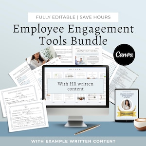 May include: An image of an Employee Engagement Tools Bundle, including a computer monitor, tablet, and printed documents. The monitor displays "With HR written content." A coffee cup, pen, and the Canva logo are also visible. The bundle aims to save time.
