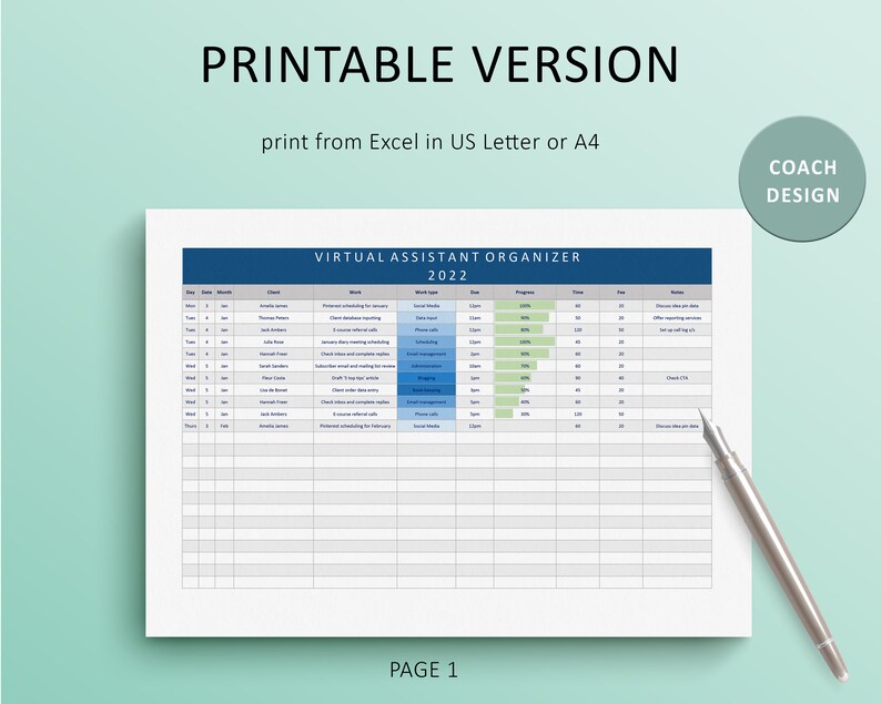 Virtual Assistant Organiser Excel Spreadsheet Personal Etsy