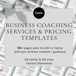 Op de afbeelding: Zakelijke coachingdiensten en prijstemplates, eenvoudig te bewerken in Canva. De templates bevatten vooraf geschreven content en begeleiding. Beschikbaar in US Letter- en A4-formaten. Direct downloaden.