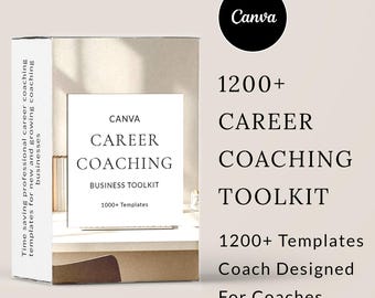 Könnte beinhalten: Eine Canva Career Coaching Business Toolkit-Box mit dem Text "CANVA CAREER COACHING BUSINESS TOOLKIT" und "1000+ Templates". Die Box enthält auch den Text "Zeitsparende professionelle Karriere-Coaching-Vorlagen für neue und wachsende Coaching-Unternehmen".