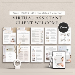 Paquete de bienvenida para asistentes virtuales, plantilla de Canva y propuesta de incorporación de clientes.
