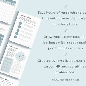 K&ouml;nnte beinhalten: Ein Satz druckbarer Karriere-Coaching-&Uuml;bungen. Der Text auf der Seite lautet: "Sparen Sie Stunden an Recherche und Design mit vorgefertigten Karriere-Coaching-Tools. Bauen Sie Ihr Karriere-Coaching-Gesch&auml;ft mit einem fertigen Portfolio an &Uuml;bungen aus. Erstellt von mir, einem erfahrenen Karriere-, HR- und Recruiting-Experten. &copy; DCCoachingTemplates"