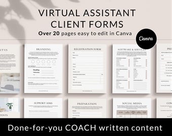 May include: A set of printable virtual assistant client forms, with titles like "Branding", "Registration Form", "Software & Services", "Support Aims", "Preparation", "Social Media", and "Com", with the text "Over 20 pages easy to edit in Canva" and "Done-for-you COACH written content".
