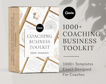 Könnte beinhalten: Eine braune Box mit einem weißen Etikett, auf dem "1000+ Coaching Business Toolkit" steht und das Canva-Logo zeigt. Die Box enthält eine Reihe von Coaching-Business-Vorlagen.