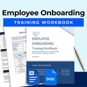 May include: An Employee Onboarding Training Workbook document featuring a blue and white cover with a handshake icon, text, and a metallic pen. The workbook includes internal pages with tables and lists, accompanied by blue Word and DOC file icons.