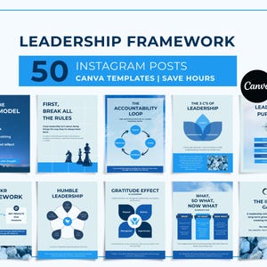 May include: A digital collection of 50 leadership framework Instagram post templates for Canva. The blue and white graphic set features various business models, including The Star Model, The Accountability Loop, and The Infinite Game.