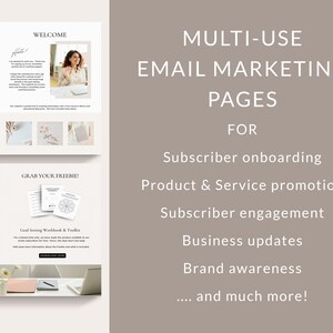 Może przedstawiać: Grafika marketingu cyfrowego z tekstem "MULTI-USE EMAIL MARKETING PAGES" i "FOR" dla onboardingu subskrybent&oacute;w, promocji produkt&oacute;w i innych. Obraz zawiera szablony e-mail i zeszyt ćwiczeń.